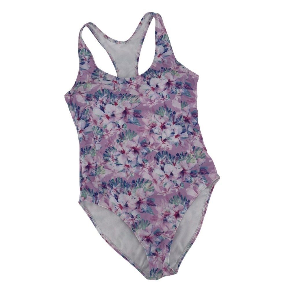 Nicole Miller Floral‎ One Piece Swimsuit Lavender Hibiscus Racerback Padded M